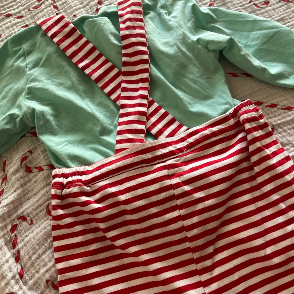 Sugar Dumplin Toddler Boy French Knot Candy Cane and Mint Green Overalls - Picture 5 of 6